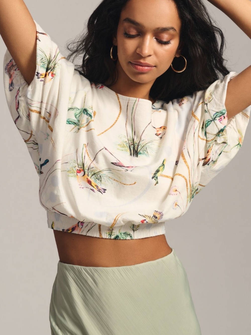 Anthropologie Cropped White Floral Bird Print Puff-Sleeve Top